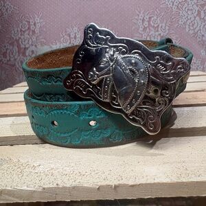 Upcycled Turquoise Leather Western Belt w/ Horse Buckle